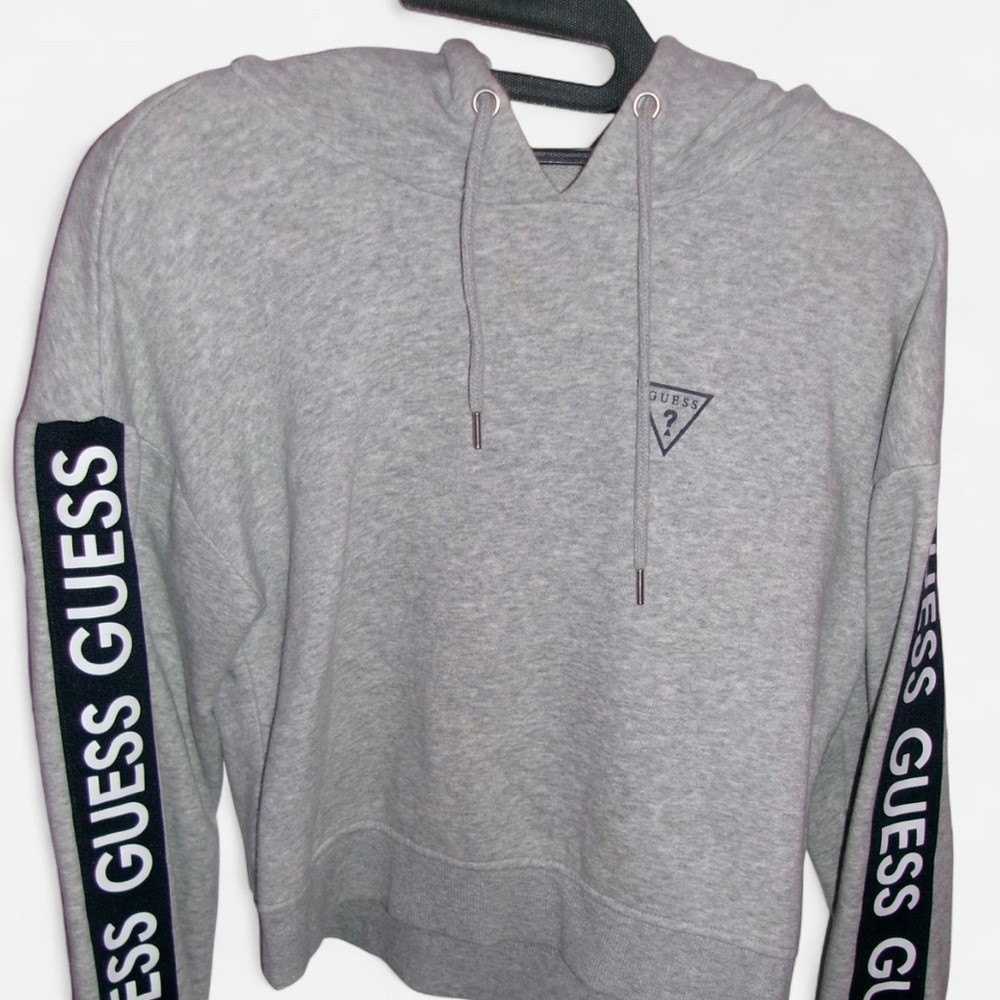 Guess Gray Pullover Hoodie with Branded Sleeve Tape